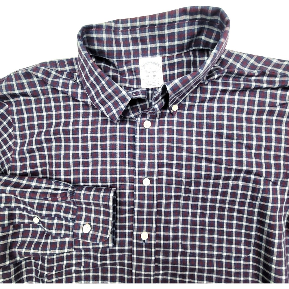 Brooks Brothers Regent Plaid‎ Shirt Men's Large Cotton Button Down Maroon White